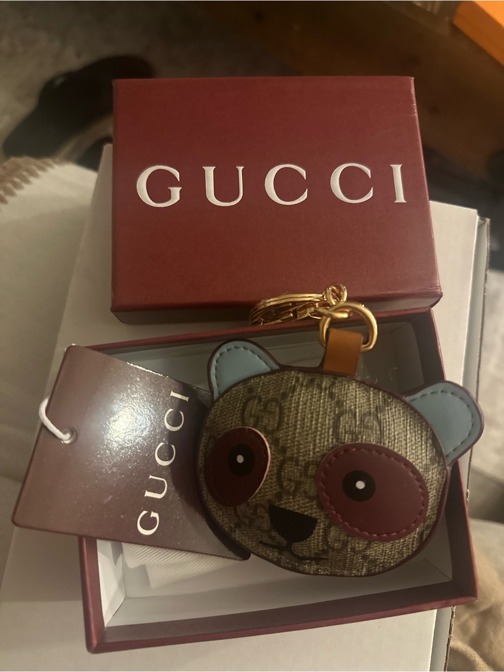 Gucci Panda Monogram Key & Card Holder in Brown with Blue Ear Accents